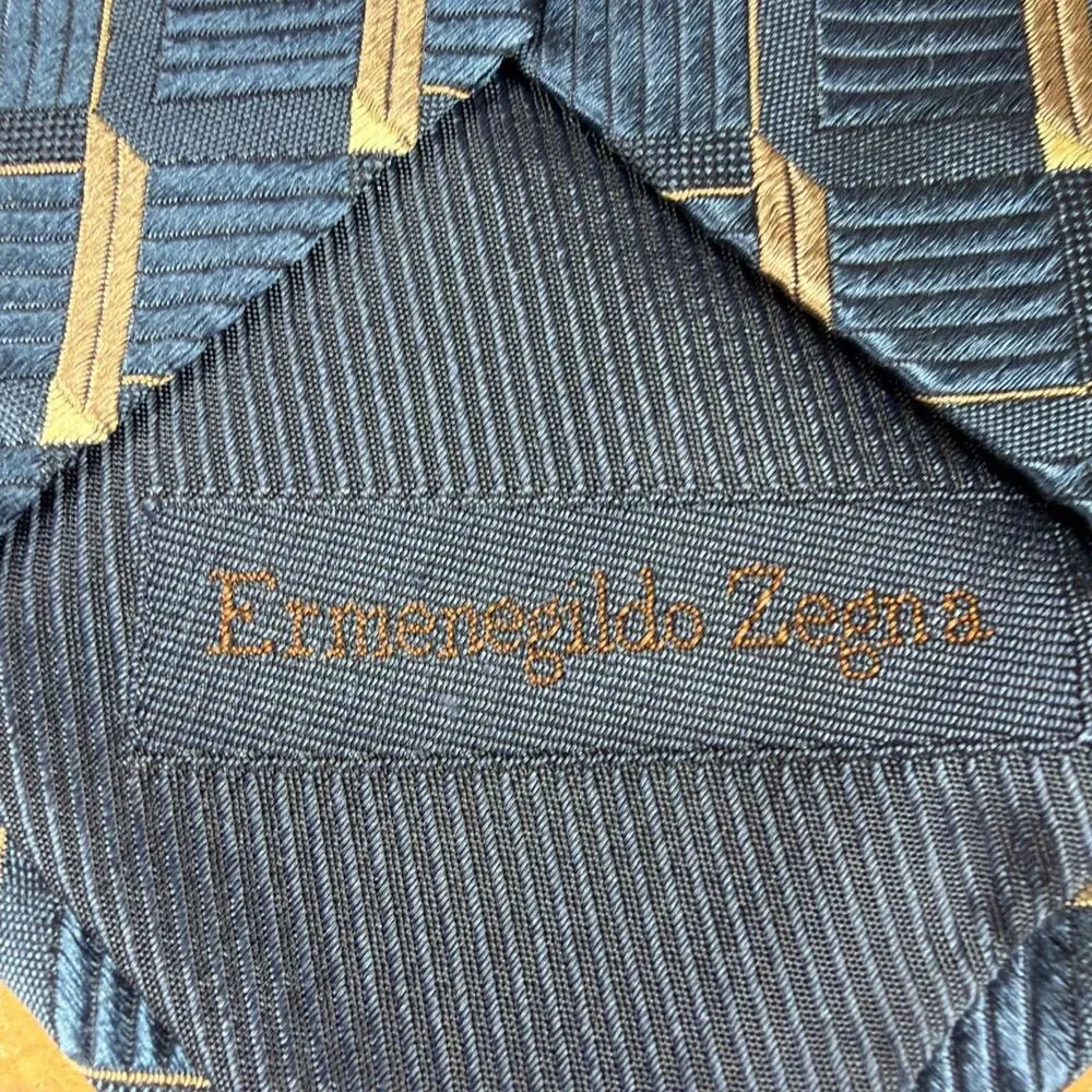 ERMENEGILDO ZEGNA ***** Silk Necktie ITALY Luxury Geometric Blue/Gold Check EUC